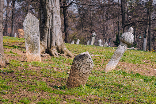 15 March 2024, Sarajevo, Bosnia and Herzegovina: muslim tombstones in the graveyard, a poignant reminder of the Sarajevo region's tumultuous past and the need for remembrance.