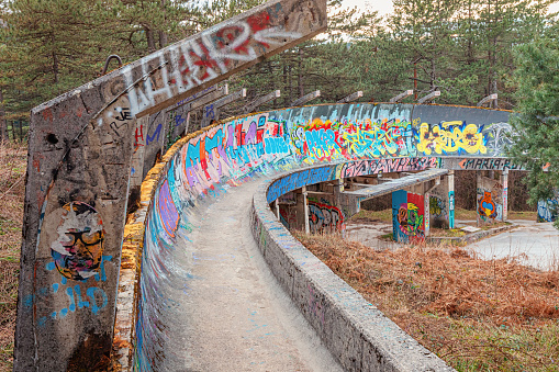 15 March 2024, Sarajevo, Bosnia and Herzegovina: The abandoned bobsled track in Sarajevo's Trebevic Park stands as a reminder of the city's Olympic past.