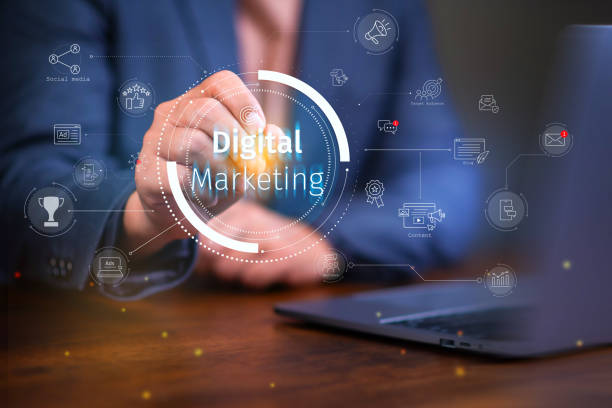istock Digital marketing concept, businessman using laptop with Digital marketing on virtual screen display, online marketing, social, online. 2149830421