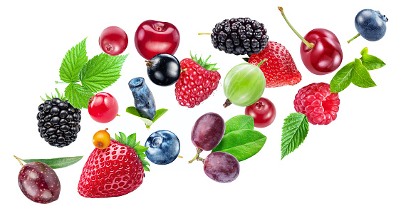 Fruit: Blueberry, Strawberry, Blackberry Raspberry and Red Currant Isolated on White Background