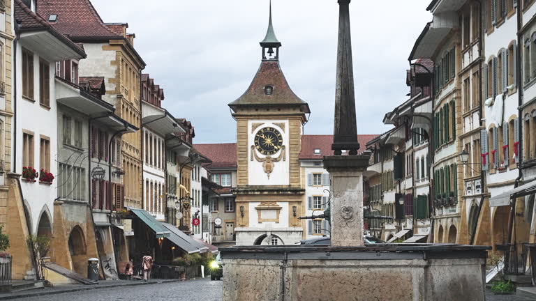 Old Town Murten With Fountain At The Gate And Berntor Murten In Murten, Switzerland