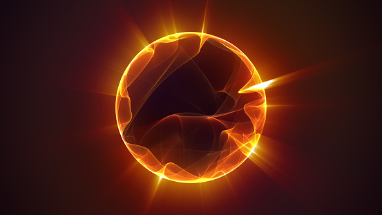 Bright yellow abstract sun, looped video. A red-hot sphere, a radiant ball on a dark background. 4k.