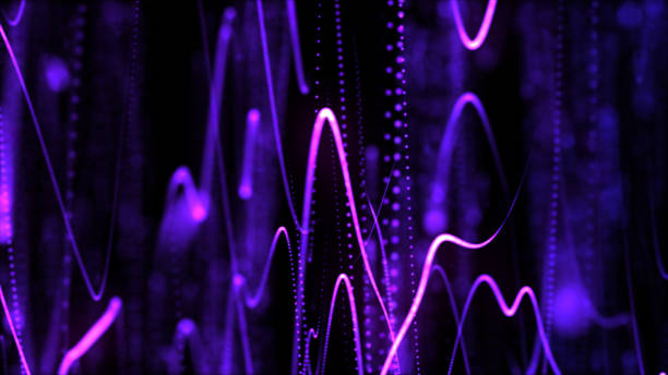 Smooth movement of neon light along fluorescent threads and wires on a dark purple background. Glowing tentacles of digital communication networks. Cosmic bioorganism magenta pink color. Wavy lines
