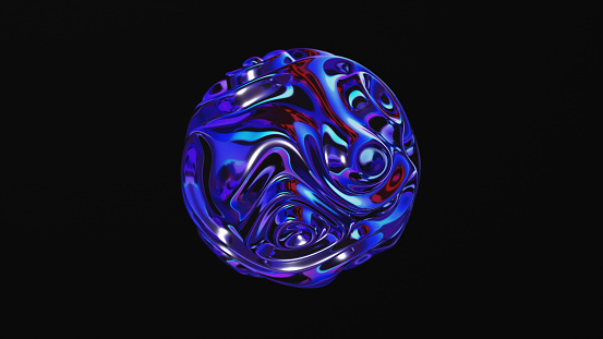 Animated holographic synthetic liquid curved ball on a dark background. 3D abstract hypnotic rainbow laser wavy sphere blue color looped. 4k  isolated on black background.
