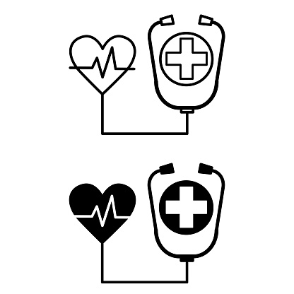 Health icons. Black and White Vector Icons. Tonometer, Pulsating Heart, and Medical Cross. Healthy Lifestyle Concept