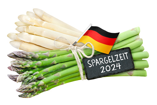 German Flag and label Asparagus Season 2024 isolated on white background