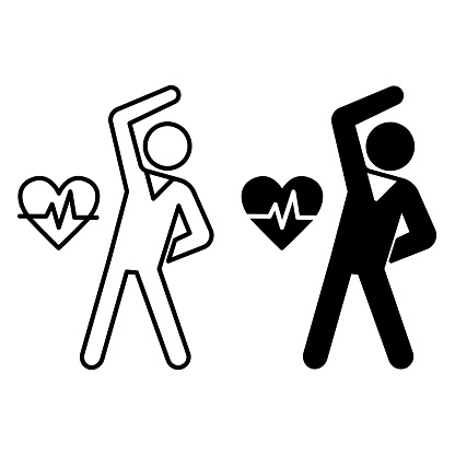 Exercise icons. Black and White Vector Icons of Man Doing Physical Exercises. Pulsating Heart. Stretching, Fitness, Sports. Concept of Wellness and Healthy Lifestyle