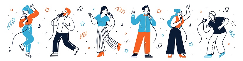 Happy people characters singing song with microphones set isolated on white background. Man and woman enjoying karaoke party and music festival competition vector illustration
