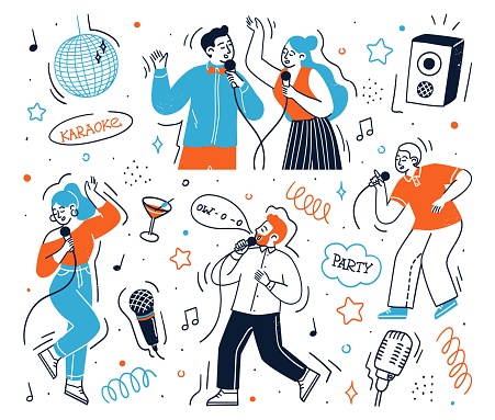 Happy people characters enjoying karaoke party dancing listening to music and singing song in microphone vector illustration. Creative vocal recreation hobby enjoyment in club