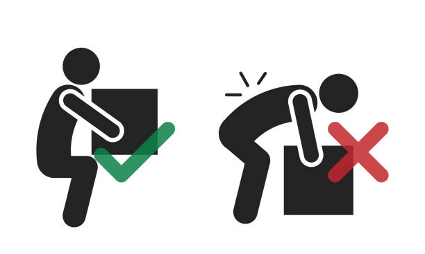 ilustrații de stoc cu set pachet de pictograme modul corect și greșit de a ridica cutia grea, pentru semnul de siguranță pentru dureri de spate - greu