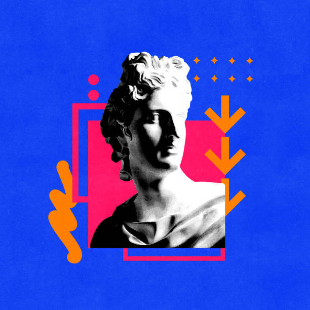 istock Contemporary art collage. Classical statue's head in black and white, set against vivid blue background, with abstract red shapes. 2149835510