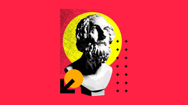 Contemporary art collage. Monochromatic sculpture with thoughtful expression against red background with yellow abstract geometric shapes in vibrant colors. Concept of creativity, party, urban culture