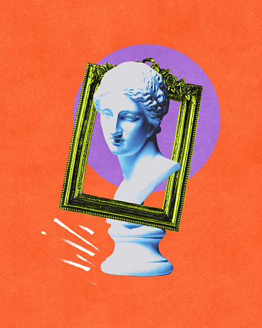 Contemporary art collage. Classical statue in blue tones in ornate picture frame against purple circle and orange textured background. Postmodernism. Concept of creativity, party, urban culture