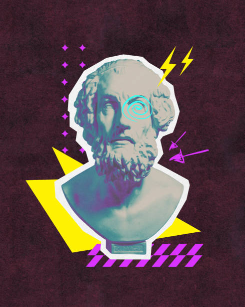 istock Classical sculpture with spiral over one eye, surrounded dynamic yellow and purple geometric accents on burgundy background. 2149835516