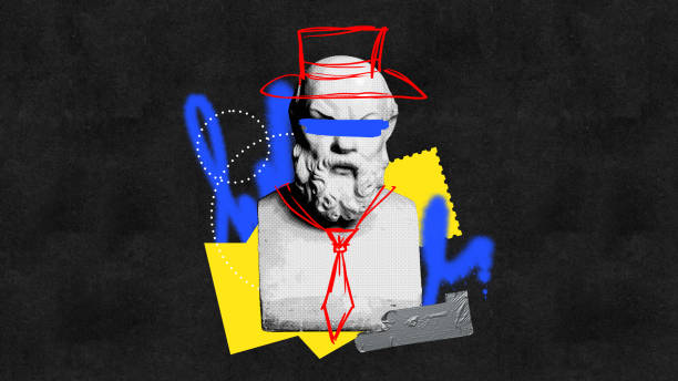 Contemporary art collage. Monochromatic bust with red line-drawn accessories, set against textured black background with abstract yellow and blue shapes.