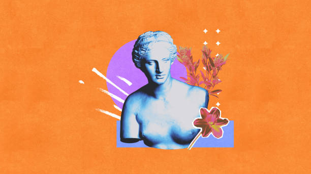 istock Contemporary art collage. Classic sculpture bust against orange background with abstract purple shapes and pink flowers and foliage. 2149835534