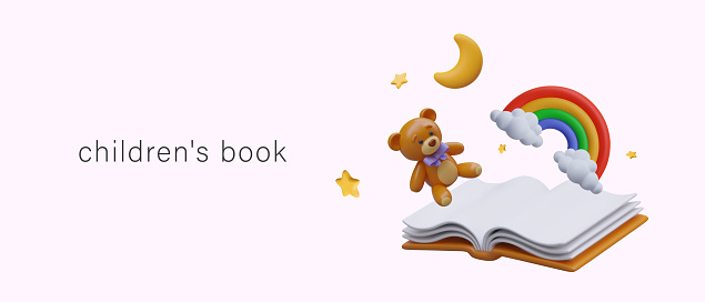 Concept of children book. Realistic open book, teddy bear, rainbow, moon, stars. Fairy tale for night. Evening story for children. Color vector template with place for text