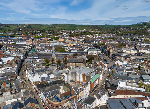 Aerial view over central Barnstaple, a town in Devon.