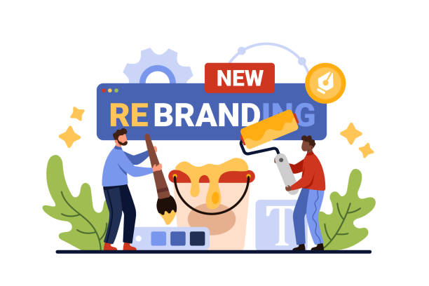 Company rebranding, change brand recognition and identity development by tiny people Company rebranding, change brand recognition and identity development. Tiny people paint with brush and roller new advertising design, restyling commercial product cartoon vector illustration teamwork slogan stock illustrations