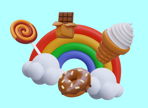 Festive bright concept of holiday with sweets. Bright rainbow, chocolate, lollipop, ice cream, donut. Creative 3D illustration on colored background. Event, promotion, party