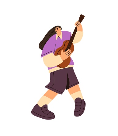 Professional guitarist performs with concert. Street musician holds wooden acoustic guitar in hands. Talented person plays on string instrument. Flat isolated vector illustration on white background.