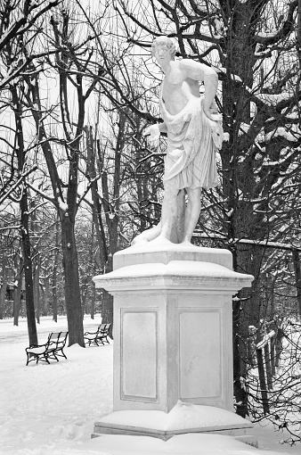 Vienna - Statue of Meleager by W. Beyer in gardens of Schonbrunn palace in winter. Statues was generally made between 1773 and 1780.