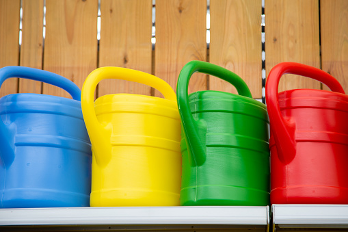 Colorful watering cans are lined up in a row on the shelf