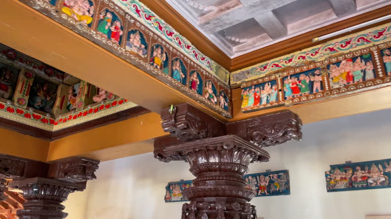 Closeup shot of the pattern on the pillars and walls inside Shri Mallikarjuna Swami Temple Goa India 4K