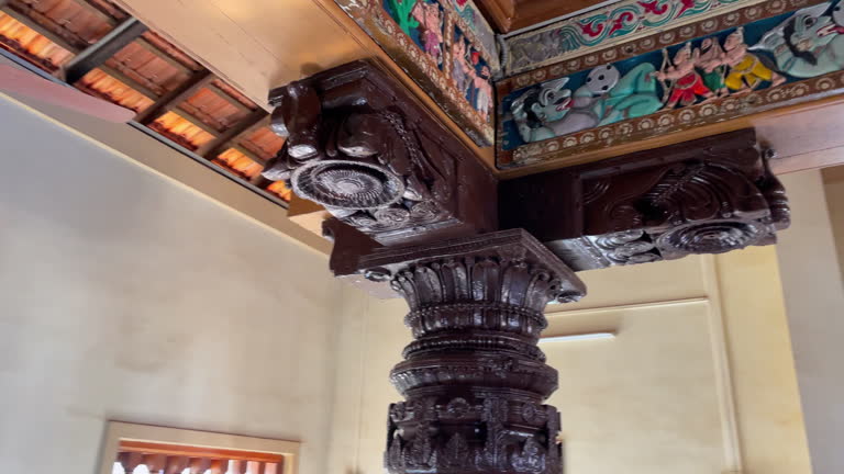 Carved pillar inside Shri Mallikarjuna Swami Temple Goa India 4K
