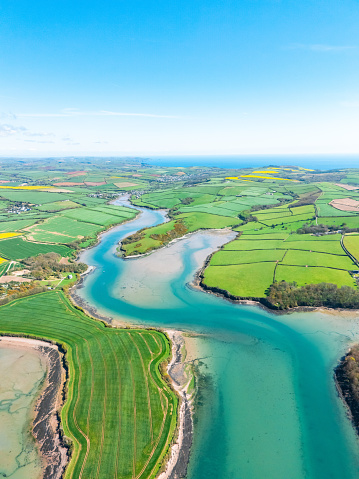 Drone view of Kingsbridge Estuary, South Devon National Landscape, UK
