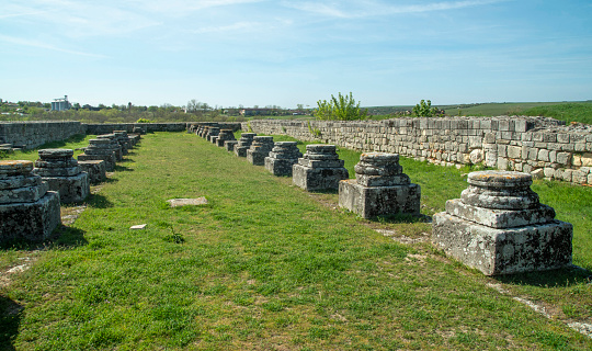 Ruins of Basilica Forensis ncient Roman fort Civitas Tropaensium near Adamclisi, Constanta, Romania, Europe