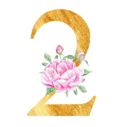 Number gold with watercolor peonys rose botanic flower branch bouquet composition. English alphabet for wedding invitations, baby shower, birthday card, monogram, logo. Art for design. numeral 2 on white background