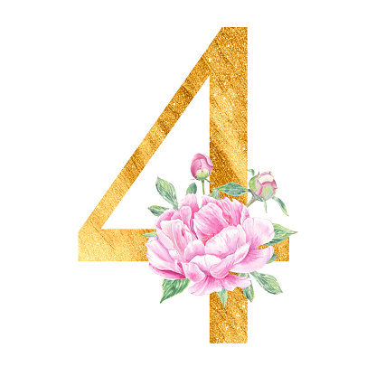 Number gold with watercolor peonys rose botanic flower branch bouquet composition. English alphabet for wedding invitations, baby shower, birthday card, monogram, logo. Art for design. numeral 4 on white background