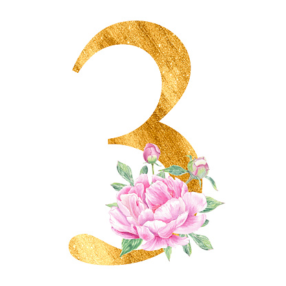 Number gold with watercolor peonys rose botanic flower branch bouquet composition. English alphabet for wedding invitations, baby shower, birthday card, monogram, logo. Art for design. numeral 3 on white background