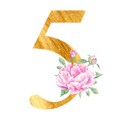 Number gold with watercolor peonys rose botanic flower branch bouquet composition. English alphabet for wedding invitations, baby shower, birthday card, monogram, logo. Art for design. numeral 5 on white background