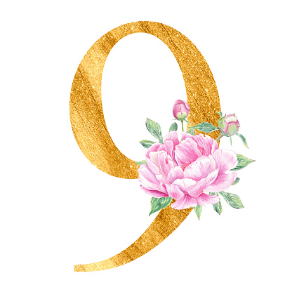 Number 9 gold with watercolor peonys rose botanic flower branch bouquet composition. English alphabet for wedding invitations, baby shower, birthday card, monogram, logo. Art for design. numeral 9 on white background