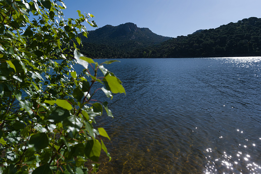 spring view of a mountain lake in spain near madrid on a sunny day