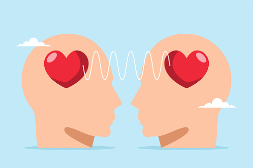 Heads of people with hearts sharing feelings illustrating empathy, sympathy, caring, willingness to support others emotionally. Concept of understanding, kindness, and social support