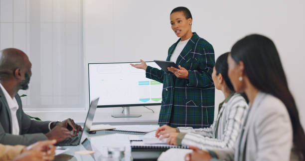 istock Workshop, presentation and woman coaching with pitch for ideas, growth and development at startup. Leadership, strategy and planning, female speaker or presenter at corporate conference or proposal. 2149846926