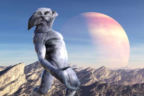 3d illustration of an imposing gray skinned alien with head looking up in the foreground with a mountainous terrain and an extraterrestrial world in the background.