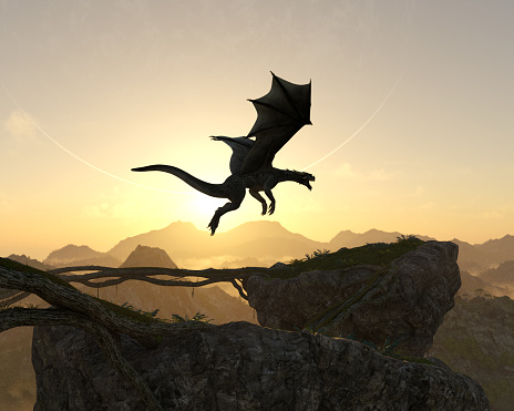 3d illustration of a horned dragon flying above a large rock with spread wings on an alien world.