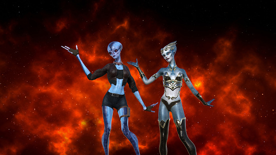 3d illustration of two alien women with arms up gesturing in the foreground with a red nebula space background.