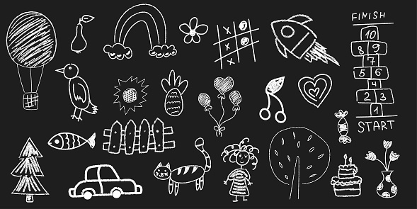 Set of vector doodles drawn with chalk by hand on a blackboard. Cute flower, rocket, animal elements, car, classics, trees. Baby side animal design for textiles, posters, flyers