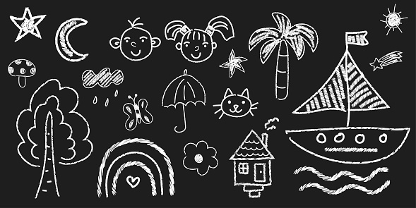 Set of vector doodles drawn with chalk by hand on a blackboard. Cute flower, ship, umbrella, animal elements, house, trees, rain, children, palm tree.