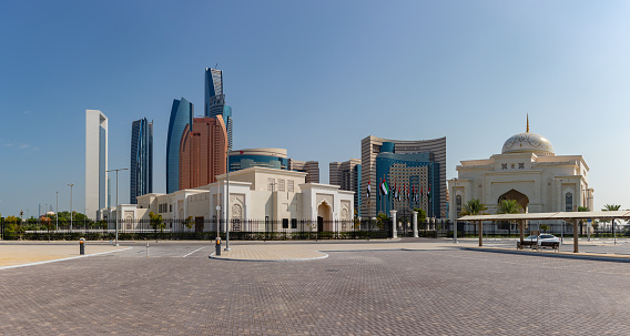 A picture of the Etihad Towers, the Khalidiya Palace Rayhaan by Rotana Hotel, the Abu Dhabi National Oil Company Headquarters and one Qasr Al Watan Gateway as seen from a nearby parking lot.