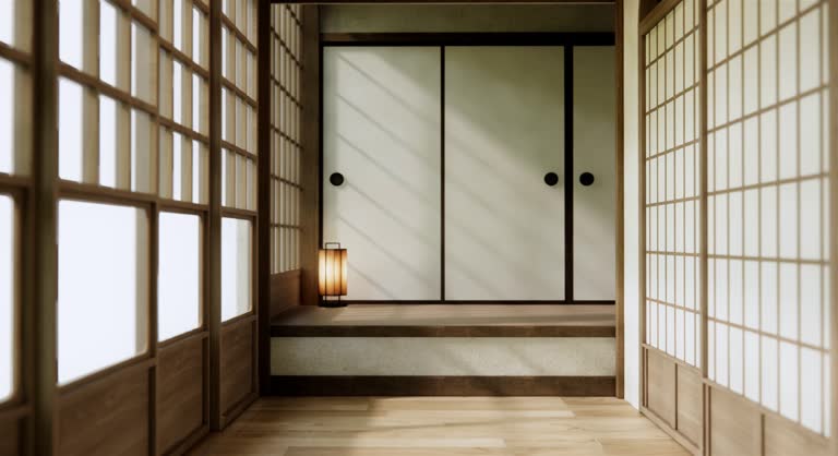 The room is spacious design of the Japanese style  And light in natural tones. 3D rendering