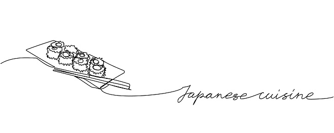 Japanese cuisine, Sushi on slate plate with chopsticks one line art. Continuous line drawing of culture, restaurant, japan, with inscription, lettering, handwritten. Hand drawn vector illustration