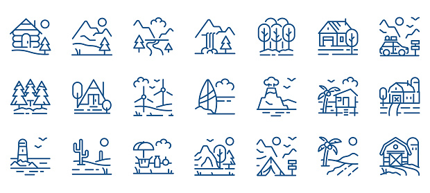 Travel and Nature Line Icons Set. Vector Collection of Vacation, Outdoors, and Landmark Symbols, Perfect for Web, Mobile Apps, and Tourism Agencies