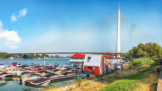 Amazing view of  Ada Bridge or alternatively Sava Bridge - a cable-stayed bridge over the Sava river. Location: Belgrade, Serbia, Europe.