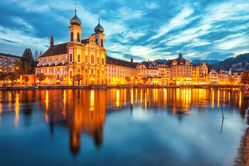 Marvelous historic city center of Lucerne with famous buildings and Jesuitenkirche Church.. Popular travel destination .  Location: Lucerne, Canton of Lucerne, Switzerland, Europe